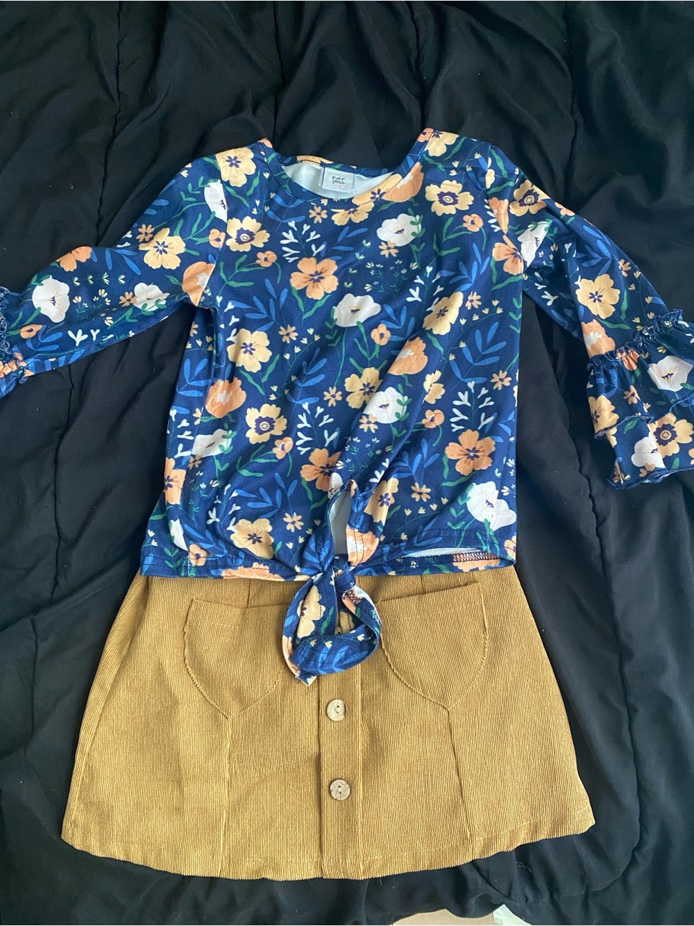 Girls Navy Floral Tie-Front Top with Mustard Button Skirt